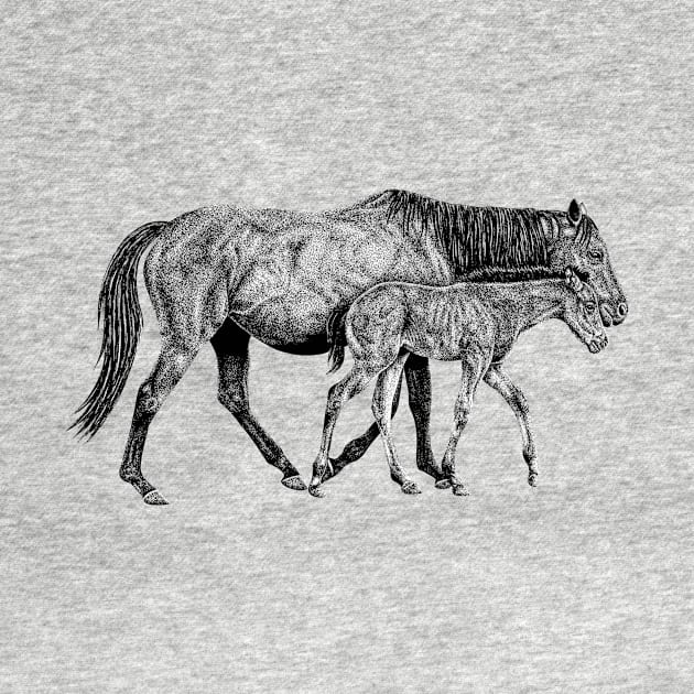 Horse and foal black and white animal ink illustration by lorendowding